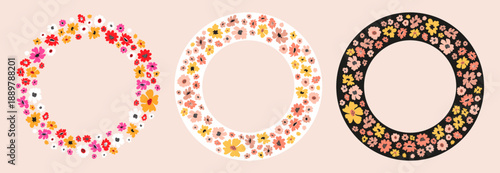Trendy color flower frames set. Circle floral border with empty space