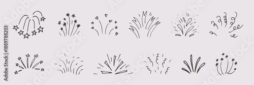 Doodle simple firework collection. Stars, sparks, lightnings, explosions