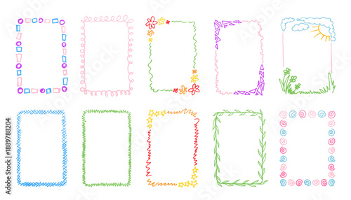 Hand drawn rectangle frames collection. Colorful borders with doodle scribbles. Funny crayon frame vector set
