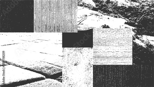 Abstract collage of black and white textures and patterns including vertical lines speckled dots and aerial view of landscape
