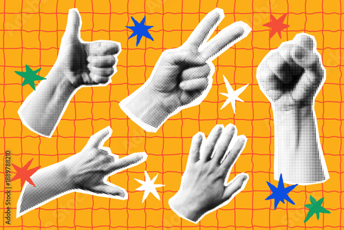 Halftone hand collage elements collection. Gesture signs and funky stars creative design template.