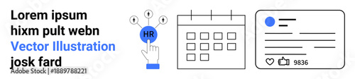 Human resources, employee management, workforce organization, job applications, scheduling, profile analytics. A hand pointing to HR icon, calendar and profile card. Human resources and employee