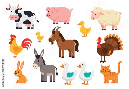 Cute flat cartoon farm animal set featuring domestic animals for children's education and design