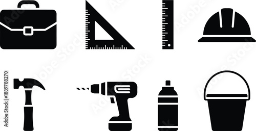 Black and white construction and office tools set