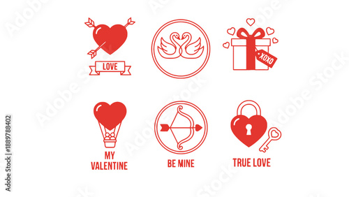 A collection of red Valentine's Day icons on a white background