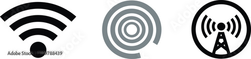 Wireless communication icon set featuring standard WiFi symbols, circular signal waves, and a radio tower transmitter.