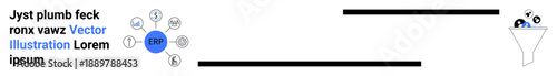 Business workflows, digital processes, enterprise software, business automation, ERP systems, data management. ERP in a hub with icons, and a funnel for data flow. Business workflows and digital