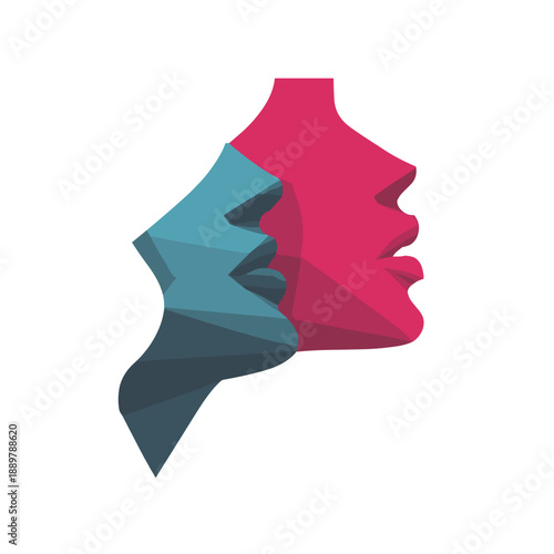 Abstract geometric face profile with red and blue polygon shapes representing identity emotion and duality