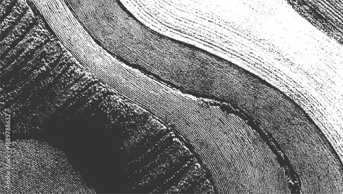Abstract monochrome textured pattern resembling plowed fields or topographic lines