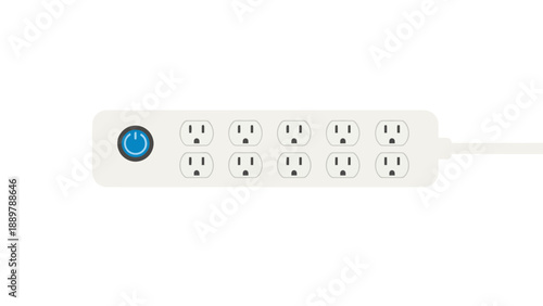A white power strip with multiple outlets and a blue switch on a plain background