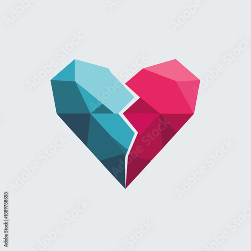 Abstract broken geometric heart divided by sharp diagonal line symbolizing heartbreak separation and emotional conflict