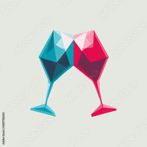 Abstract geometric champagne glasses clinking in red and blue symbolizing celebration success and shared moments