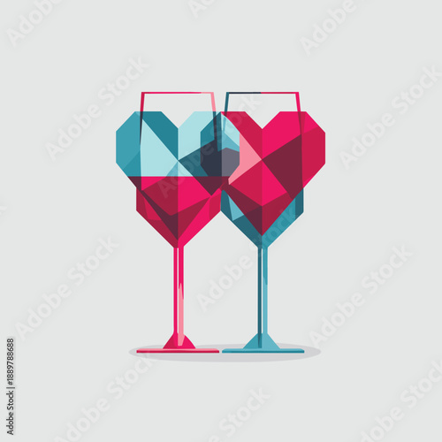 Abstract geometric martini glasses in red and blue symbolizing romantic toast balance and shared moment
