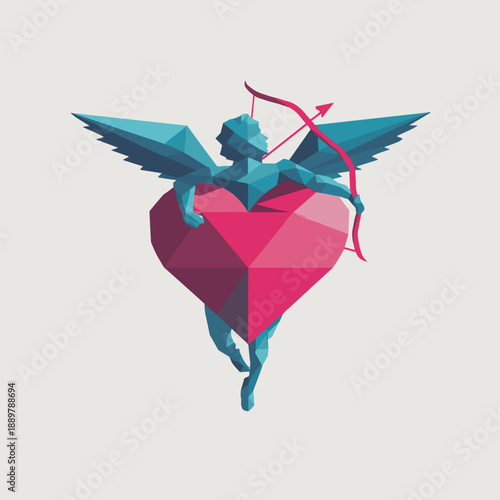 Abstract cupid heart emblem with wings and arrows in red and blue representing romance destiny and love energy