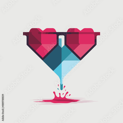 Abstract heart with glasses and liquid splash in geometric style representing emotional contrast and vision