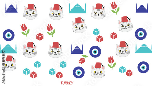 A colorful illustration of Turkish cultural symbols and cute cartoon cats