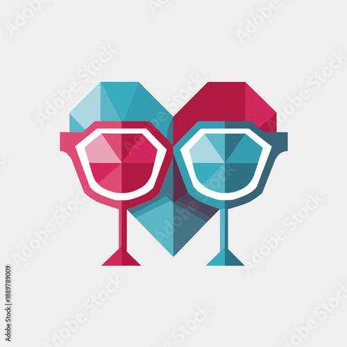 Two geometric wine glasses forming heart symbol for romantic date celebration