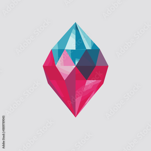 Abstract low poly diamond gem in pink and blue colors floating on a light background with faceted geometric shape and soft shadow