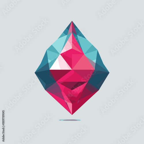 Abstract faceted crystal gem in diamond shape with pink and blue polygons floating on soft gradient background