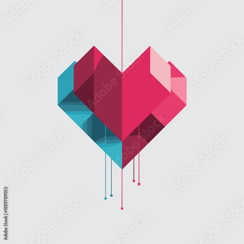 Geometric heart shape with layered facets and hanging lines in pink and blue abstract low poly style on light background