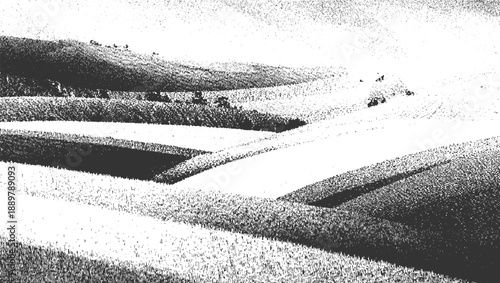 Rolling hills with textured fields in black and white