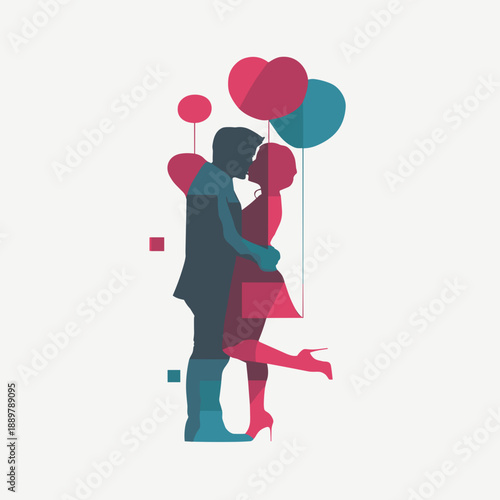 Romantic couple embracing with heart shaped balloons in a clean geometric illustration style
