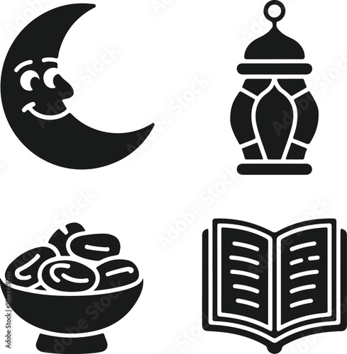 Ramadan icons depicting a crescent moon lantern dates and holy book