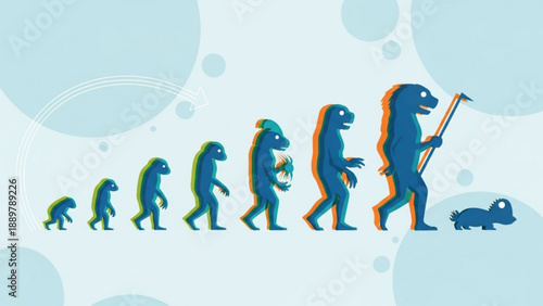 Evolution of a humanoid creature from ape to modern man with tool symbolizing progress and development