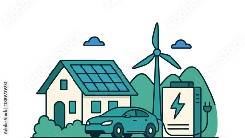 An illustration of a sustainable home with solar panels and an electric car
