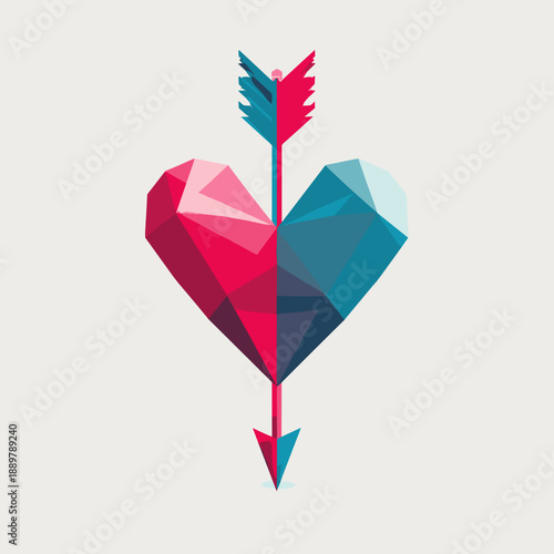 Abstract polygon heart pierced by an arrow with red and blue facets symbolizing love destiny and emotional connection