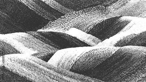 Abstract monochrome textured landscape of rolling hills with dappled light and shadow