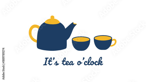 A colorful illustration of a teapot and cups on a white background