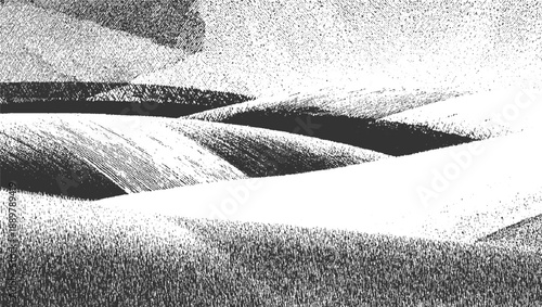 Abstract monochrome landscape of rolling hills with textured hatching and stippling patterns