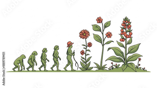 Evolution of a human watering plant growth from ape to modern man green red flowers gardening nature progress