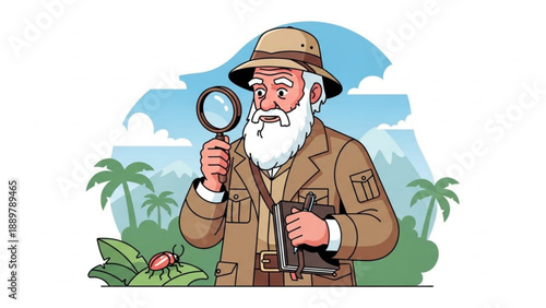 Cartoon elderly man explorer with magnifying glass and binoculars in tropical jungle environment with palm trees