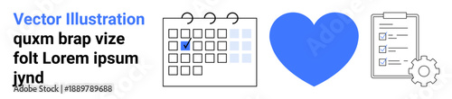 Time management, productivity, organization, scheduling, teamwork, workflow. A calendar with a checkmark, a blue heart and a checklist next to a gear. Time management and productivity concept