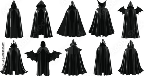 Set of black hooded cloaks and capes, vampire robes with bat wings, gothic fantasy costumes for Halloween, isolated vector illustrations on white 