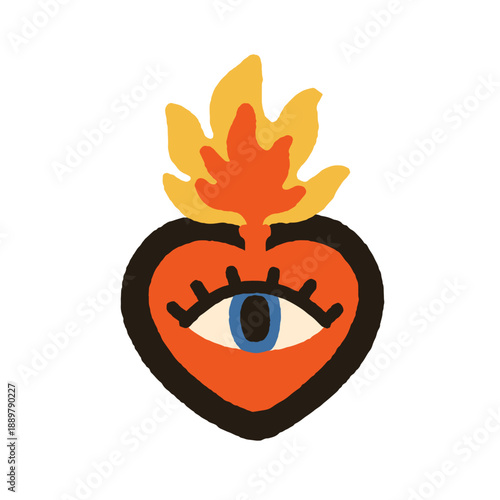 Mexican heart with esoteric watching eye and fire flame crown. Mexico corazon, love symbol for Valentine day. Folk sacred design element. Flat vector illustration isolated on white background