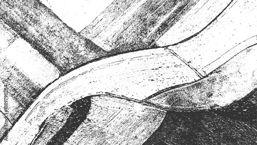 Abstract textured monochrome aerial view of agricultural fields with curved boundaries and linear patterns