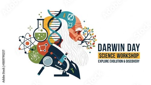 Vibrant darwin day science workshop logo with dna beaker microscope and atom symbols on white background