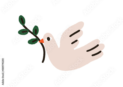 Dove flying, holding leaf branch in beak. Peaceful bird carrying twig, peace,...