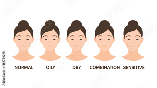 An infographic illustration of five different skin types on women faces