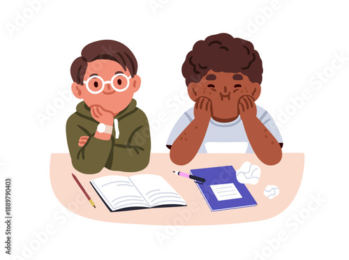 School children sitting at desk together. Elementary kids, boy students. Classmates at table with book, notebook. Cute smart and funny pupils. Flat vector illustration isolated on white background