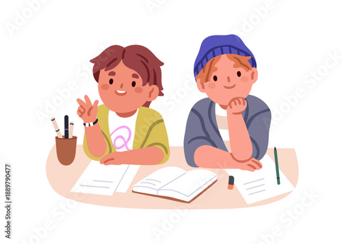 School kids at desk. Boy classmates sitting behind table with book, note papers. Child character studying. Happy children students learning. Flat vector illustration isolated on white background