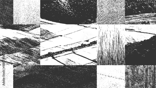 Black and white textured collage of abstract patterns and aerial views of fields
