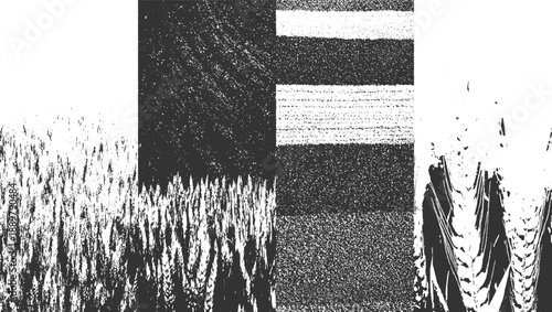 Four abstract black and white textured panels depicting wheat fields and abstract patterns