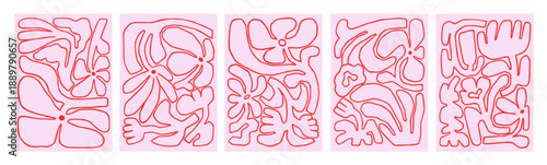 Modern abstract floral cards set, doodle whimsical style. Line art poster designs with hand-drawn flower sketches, nature pattern. Contoured outline scribbles, naive shapes. Flat vector illustrations