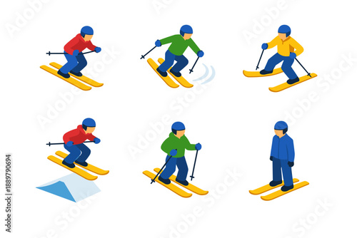 Set of skiers in colorful winter clothing performing downhill turns and jumps on skis with poles, isolated flat vector illustration on white