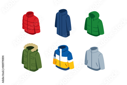 Set of six isometric winter jackets and coats in different colors, including puffer, parka, hooded and zip-up outerwear icons on white background
