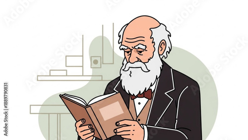 Older man with white beard reading book in classic suit and bow tie indoors